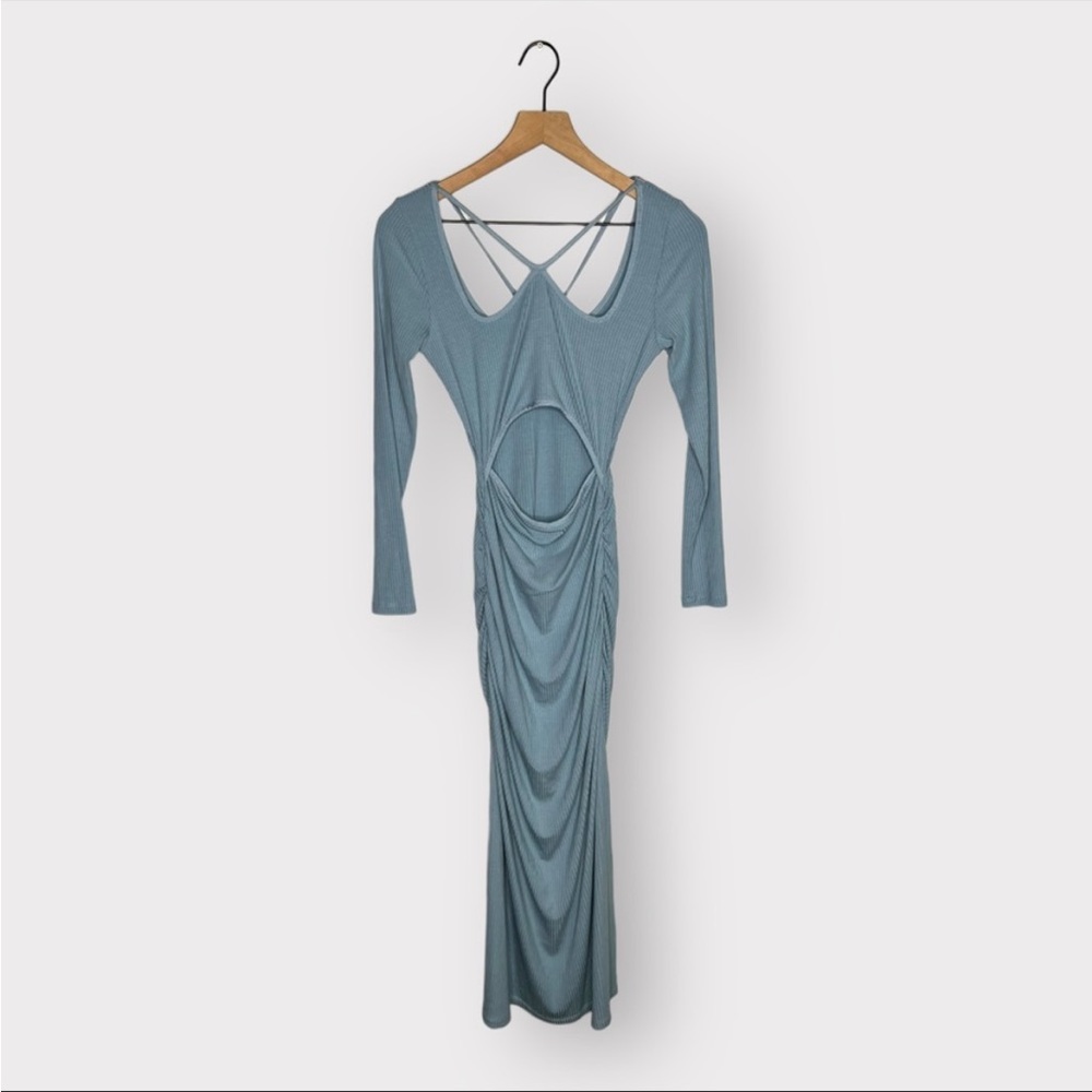 NWOT Jonathan Simkhai Maisha Shaping Rib Long Sleeve Cutout Midi Dress in Baltic - Picture 10 of 11